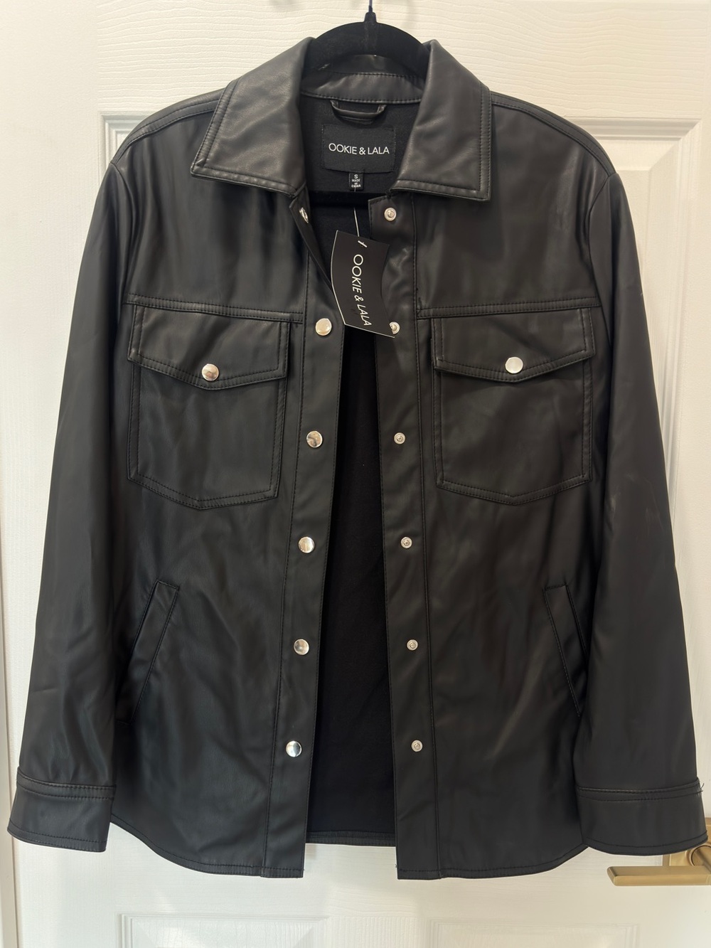 NWT Ookie & Lala Women's Black Faux-Leather Button-Front Jacket, Size Small